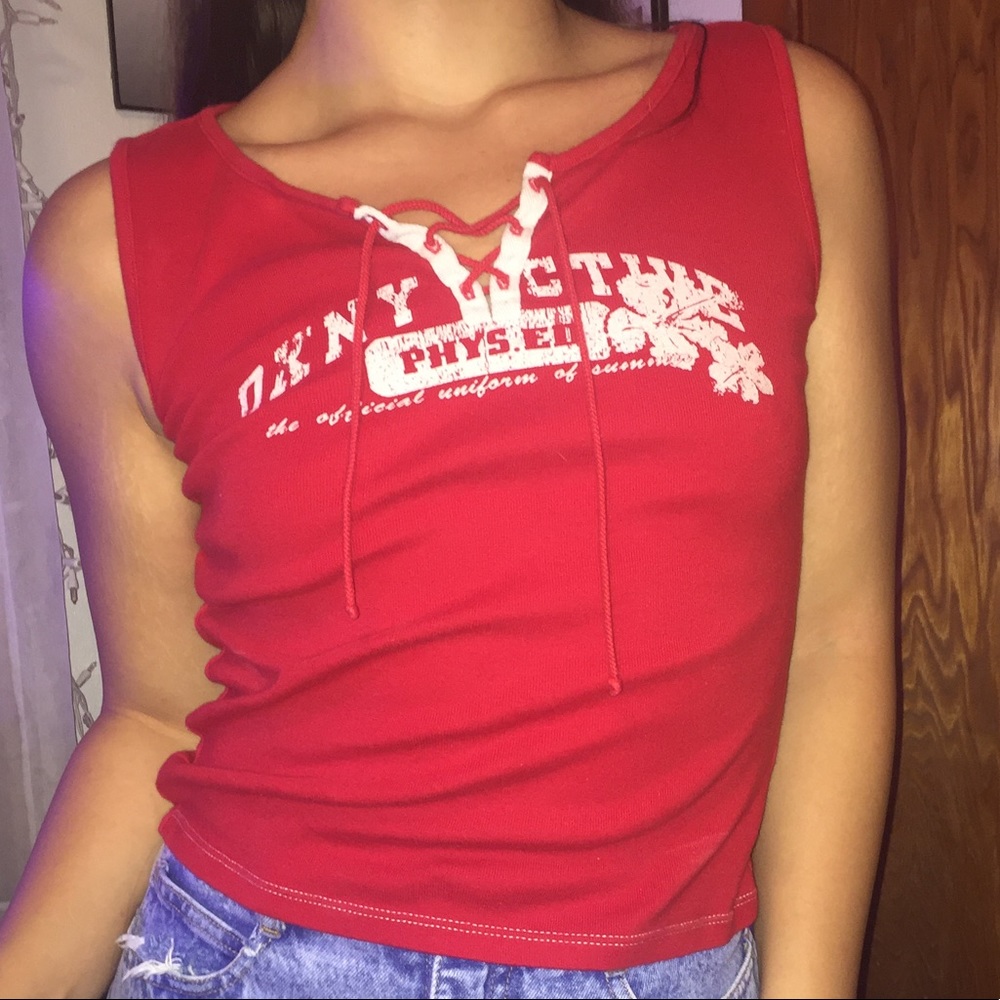 DKNY red lace up tank top